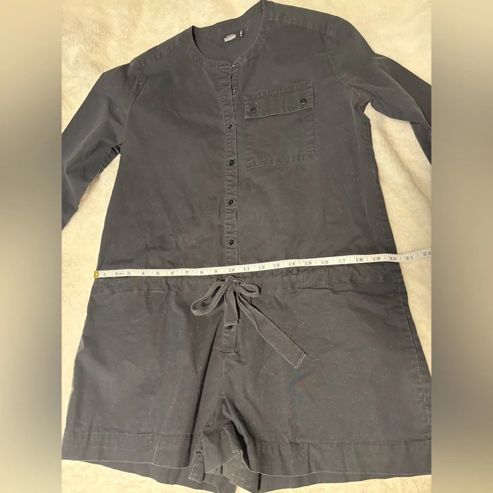 Kate Spade Saturday Black Button-Up Cinch Waist Canvas Half Sleeve Romper